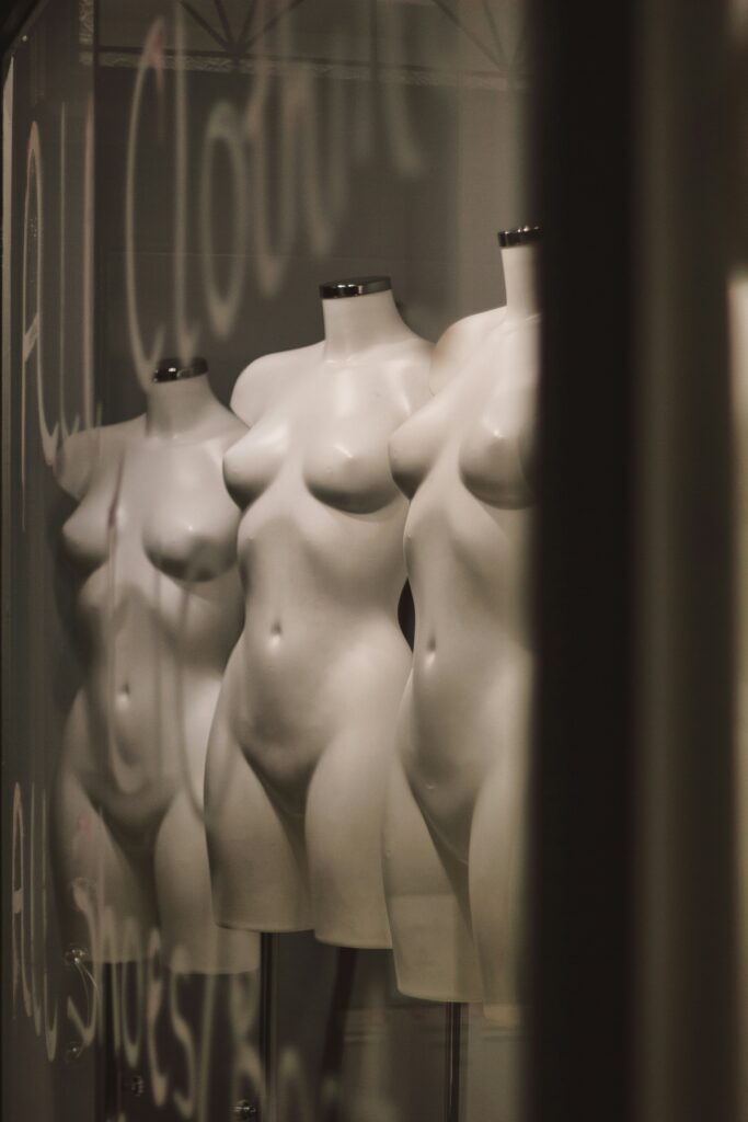mannequins stand in store window
