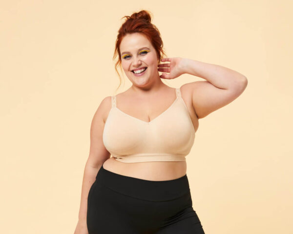 wearing a wire-free basic bra for big boobs
